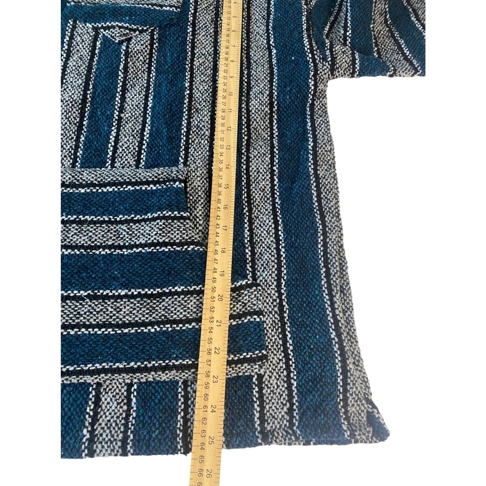 Franks Textiles Baja Hoodie Mens Large Blue Grey Striped Pullover Made in Mexico - Picture 3 of 8